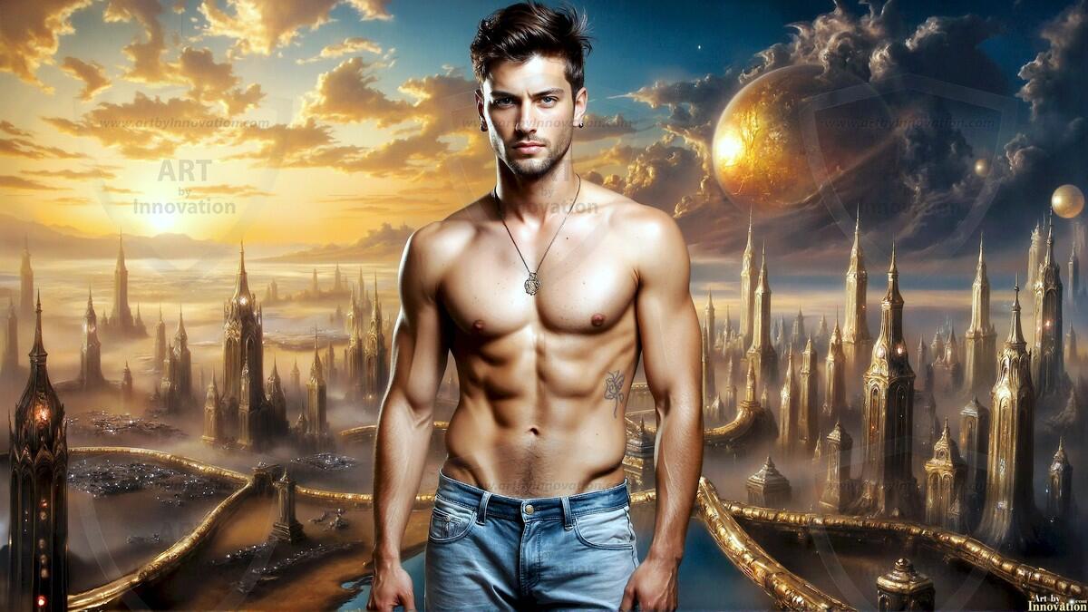 AI-generated Golden City Young Men — beautiful handsome young men in their teens and 20s on balconies overlooking a majestic golden heavenly city. 349 images by Jeff Dupler.