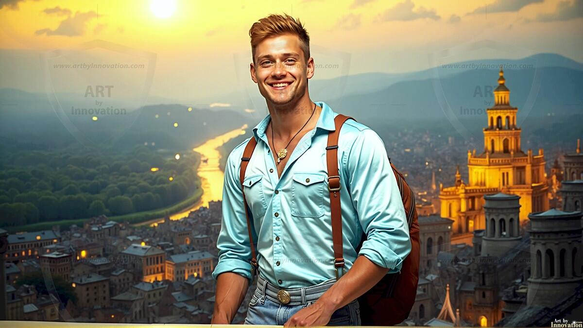 AI-generated Golden City Young Men — beautiful handsome young men in their teens and 20s on balconies overlooking a majestic golden heavenly city. 349 images by Jeff Dupler.