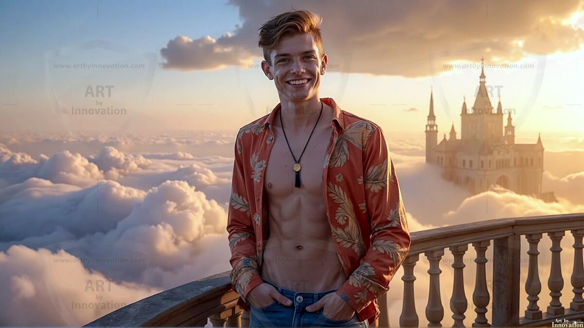 AI-generated Golden City Young Men — beautiful handsome young men in their teens and 20s on balconies overlooking a majestic golden heavenly city. 349 images by Jeff Dupler.