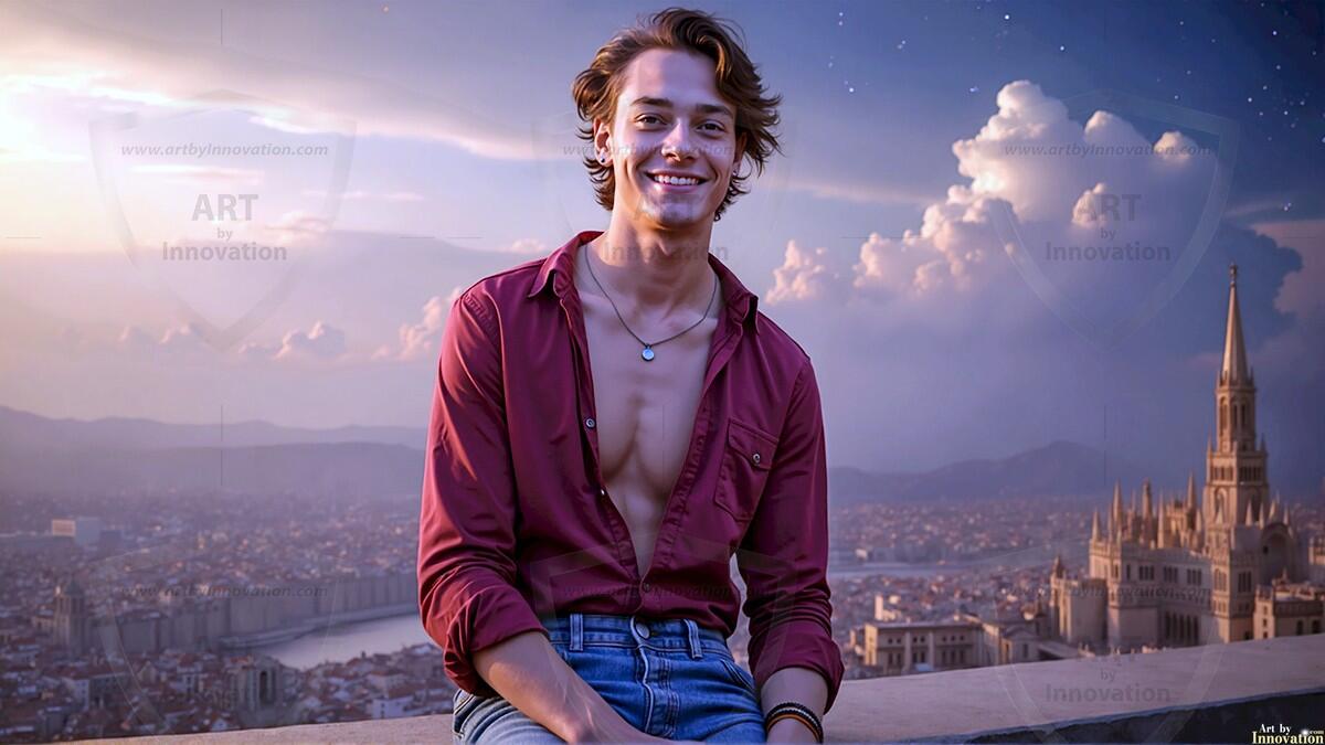 AI-generated Golden City Young Men — beautiful handsome young men in their teens and 20s on balconies overlooking a majestic golden heavenly city. 349 images by Jeff Dupler.