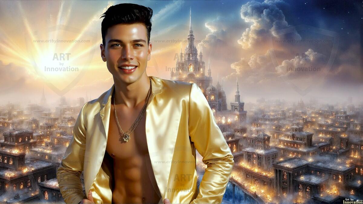 AI-generated Golden City Young Men — beautiful handsome young men in their teens and 20s on balconies overlooking a majestic golden heavenly city. 349 images by Jeff Dupler.