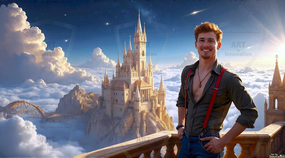 AI-generated Golden City Young Men — beautiful handsome young men in their teens and 20s on balconies overlooking a majestic golden heavenly city. 349 images by Jeff Dupler.