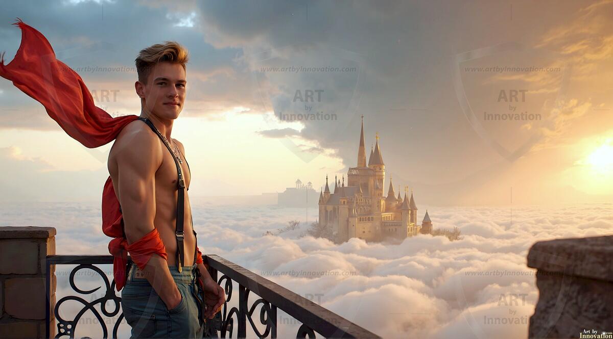AI-generated Golden City Young Men — beautiful handsome young men in their teens and 20s on balconies overlooking a majestic golden heavenly city. 349 images by Jeff Dupler.