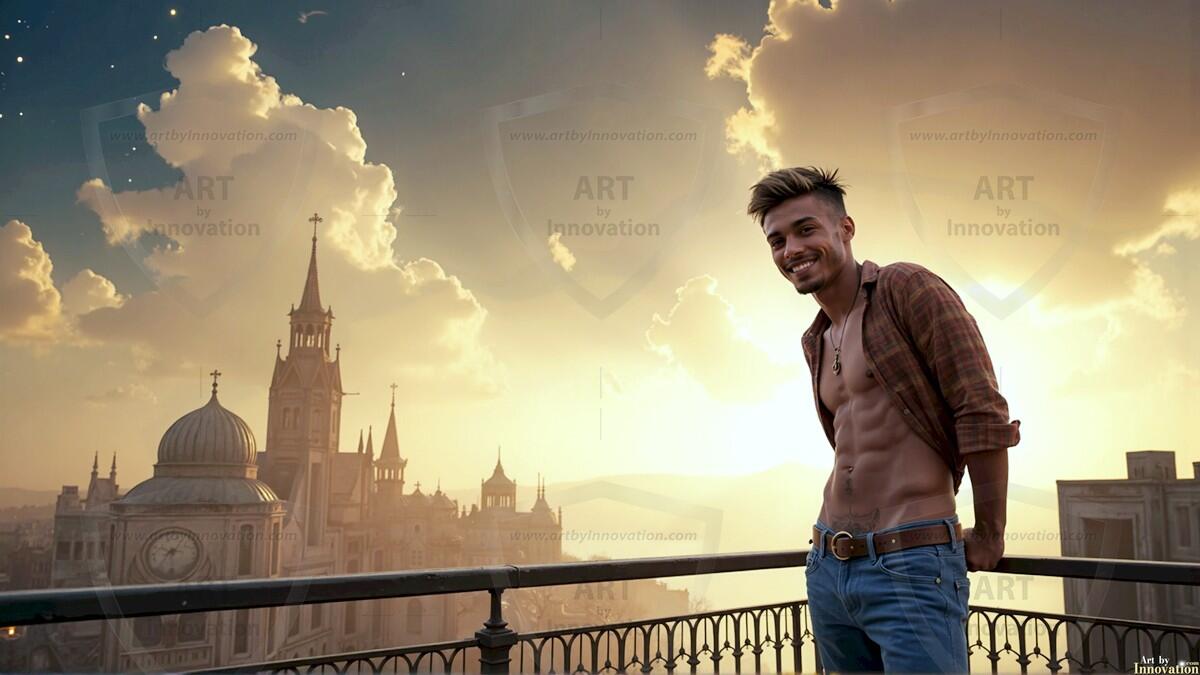 AI-generated Golden City Young Men — beautiful handsome young men in their teens and 20s on balconies overlooking a majestic golden heavenly city. 349 images by Jeff Dupler.