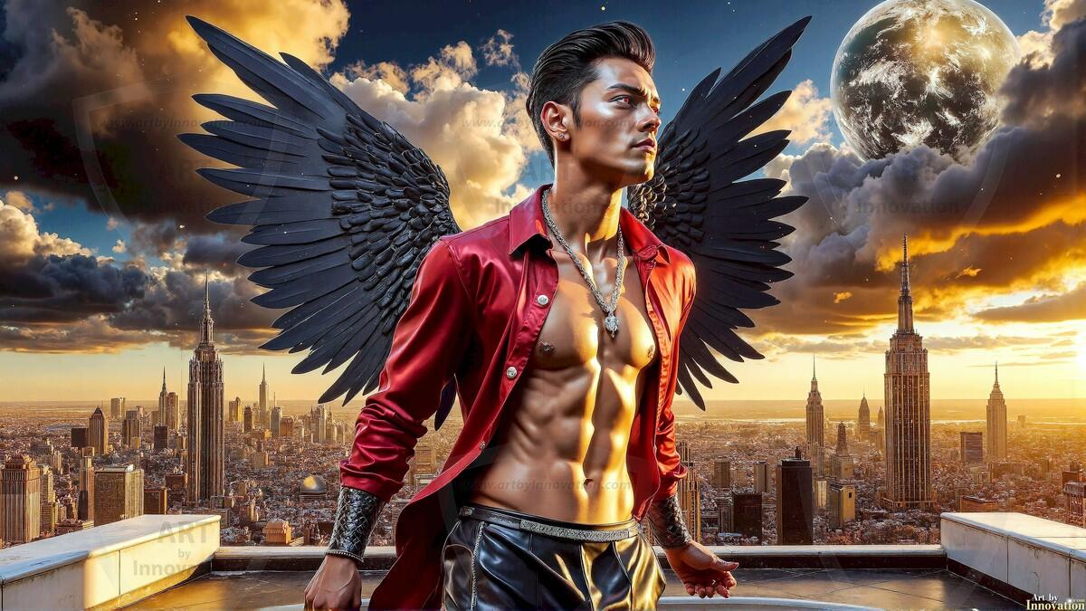 AI-generated Golden City Young Men — beautiful handsome young men in their teens and 20s on balconies overlooking a majestic golden heavenly city. 349 images by Jeff Dupler.