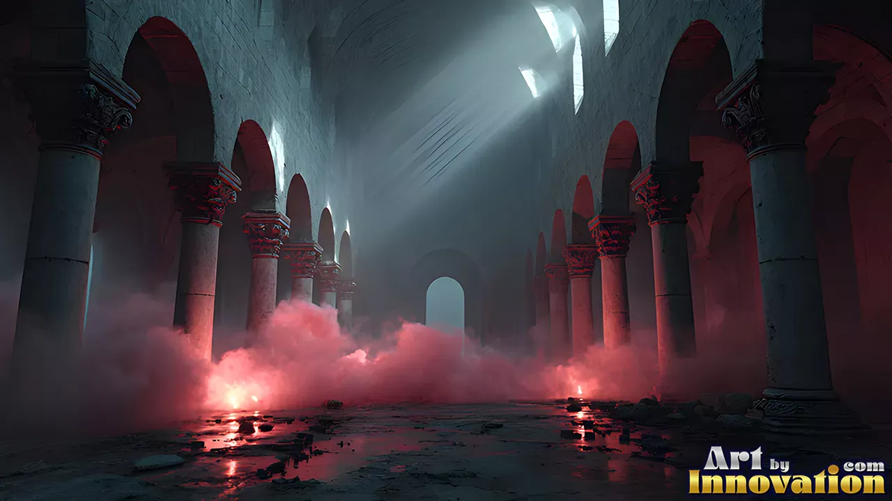 Forgotten gothic ruins at twilight with red mist and crepuscular rays breaking through decaying stone pillars, AI-generated fantasy wallpaper by Art by Innovation