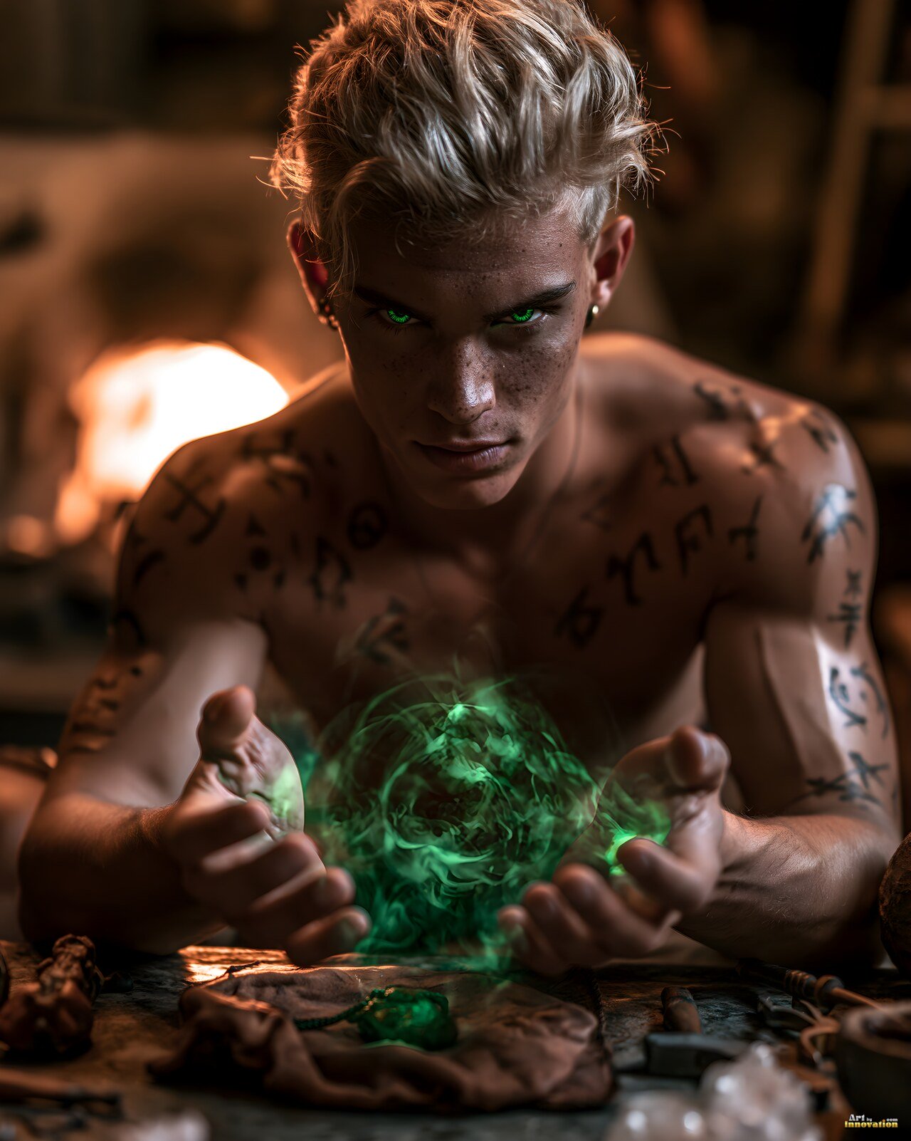 Handsome young male warlock casting arcane magic with glowing sigils and a summoning circle in a candlelit gothic ritual chamber, AI-generated dark fantasy art